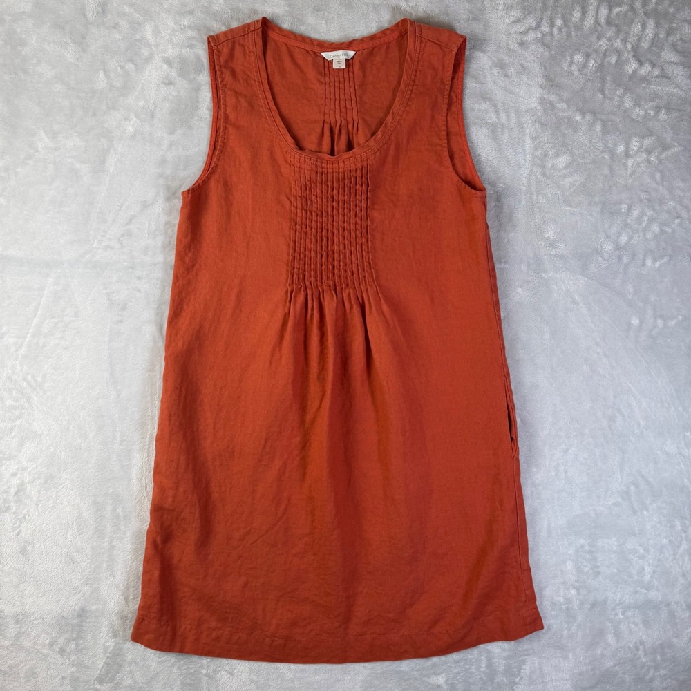 Garnet Hill Shift Dress Women 12 Orange 100% Linen Pintuck Sleeveless Pocket